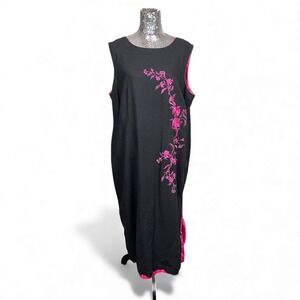 Black Linen Maxi Dress 22W Pink Floral Embroidery Lined Sleeveless Romantic